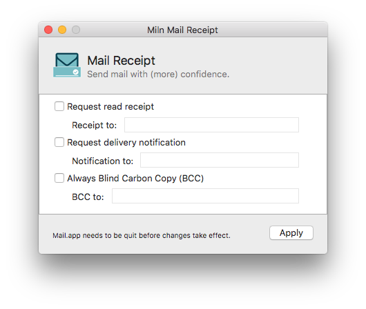 Screenshot of Miln Mail Receipt on macOS with no options set.