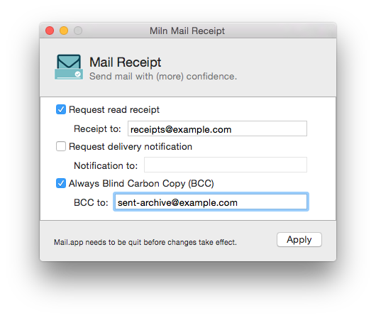 Screenshot of Miln Mail Receipt running on macOS